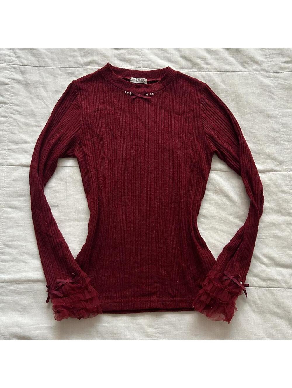 Axes Femme Burgundy Red Ribbed Knit Sweater Ruffle Cuffs Ribbon Bows Size M